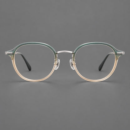 Softly rounded eyeglasses in acetate and titanium with a curved bridge and engraved temples in Green Tea Gradient / Silver, front view additional product view