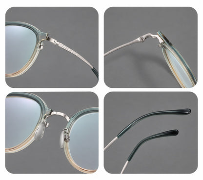 Softly rounded eyeglasses in acetate and titanium with a curved bridge and engraved temples, frame details additional product view