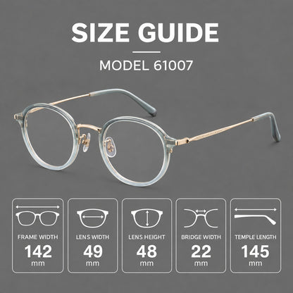 Softly rounded eyeglasses in acetate and titanium with a curved bridge and engraved temples, size guide in millimetres additional product view