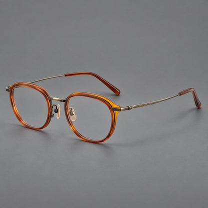 Soft square eyeglasses in acetate and titanium with rounded corners and decorative metal temples in Brown Tortoiseshell / Antique Gold, three quarter view front view