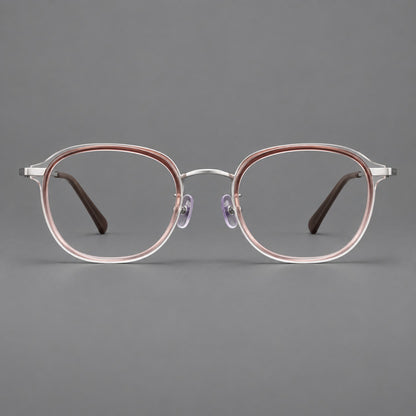 Soft square eyeglasses in acetate and titanium with rounded corners and decorative metal temples in Clear Tea Gradient / Silver, front view temple detail