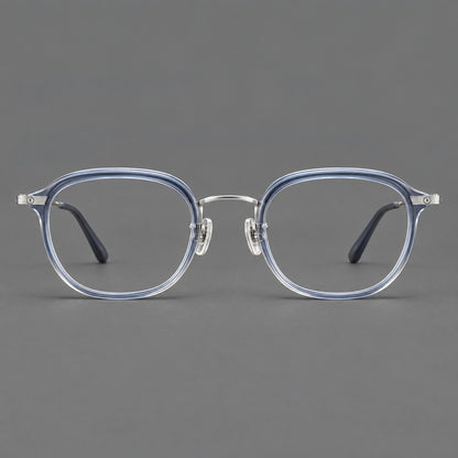 Soft square eyeglasses in acetate and titanium with rounded corners and decorative metal temples in Grey Blue Gradient / Silver, front view additional product view