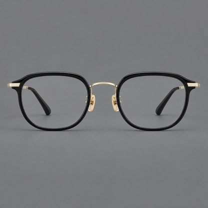 Soft square eyeglasses in acetate and titanium with rounded corners and decorative metal temples in Matte Black / Light Gold, front view additional product view