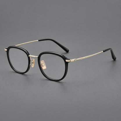 Soft square eyeglasses in acetate and titanium with rounded corners and decorative metal temples in Matte Black / Light Gold, three quarter view additional product view
