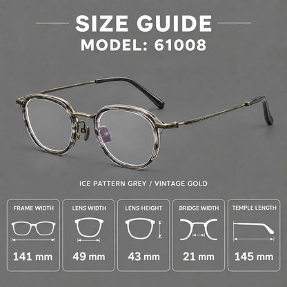 Soft square eyeglasses in acetate and titanium with rounded corners and decorative metal temples, size guide in millimetres additional product view