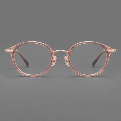 Retro panto eyeglasses in acetate and titanium with an arched bridge and engraved metal temples in Patterned Pink / Rose Gold, front view frame detail