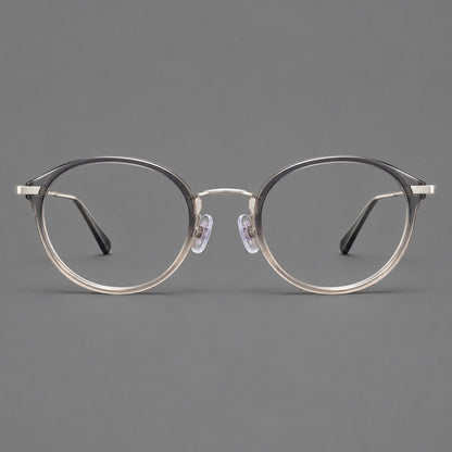 Retro panto eyeglasses in acetate and titanium with an arched bridge and engraved metal temples in Grey Green Gradient / Silver, front view temple detail