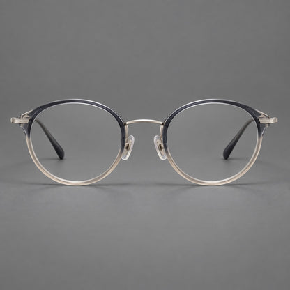Retro panto eyeglasses in acetate and titanium with an arched bridge and engraved metal temples in Grey Blue Tea Gradient / Light Gunmetal, front view additional product view