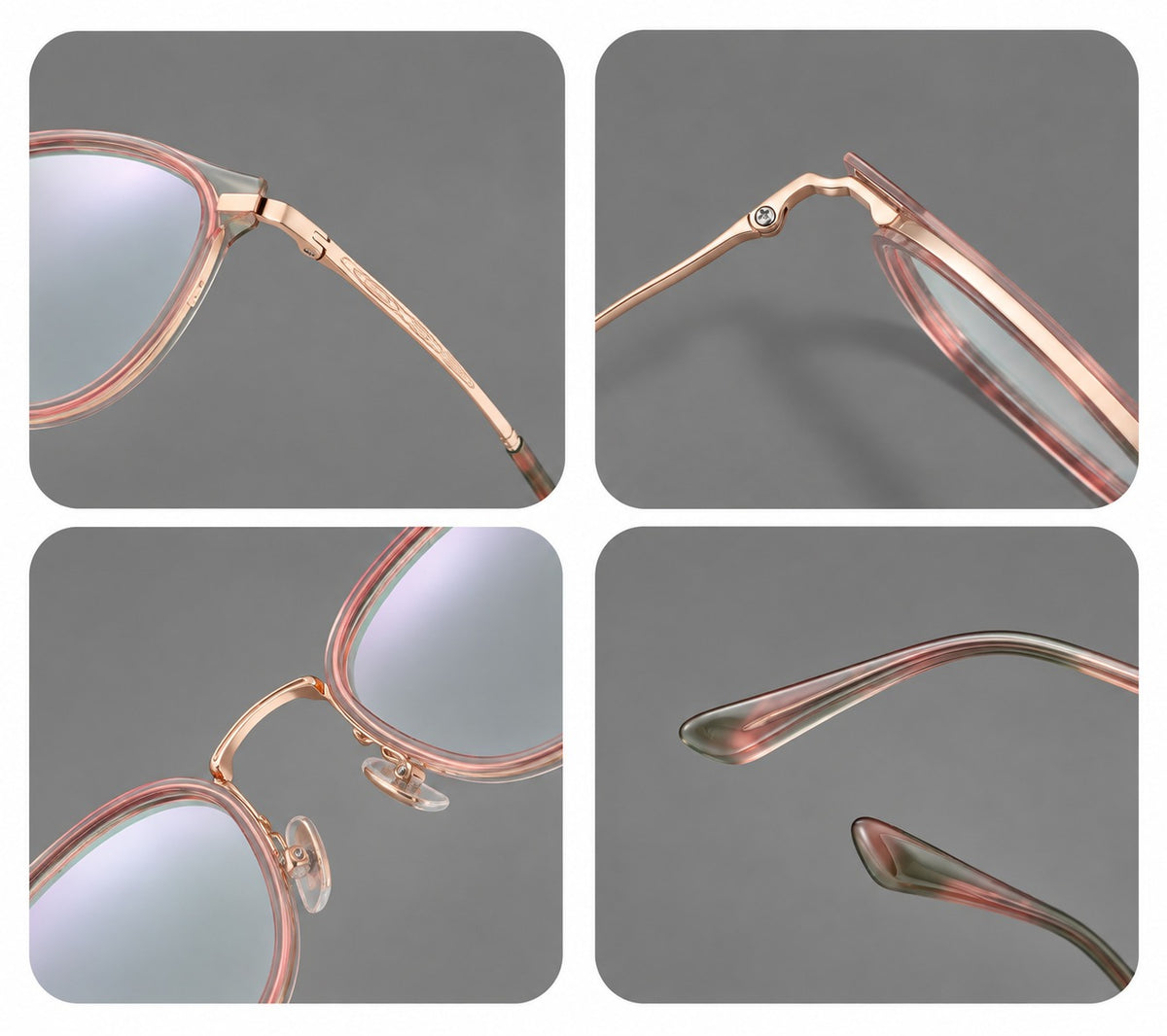 Retro panto eyeglasses in acetate and titanium with an arched bridge and engraved metal temples, frame details