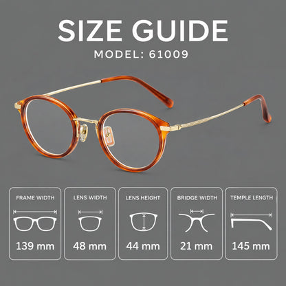 Retro panto eyeglasses in acetate and titanium with an arched bridge and engraved metal temples, size guide in millimetres additional product view