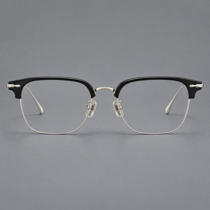 Browline eyeglasses in acetate and titanium with slim metal lower rims and decorative corners in Glossy Black / Silver, front view additional product view