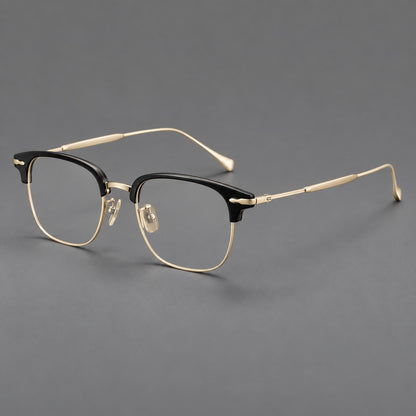 Browline eyeglasses in acetate and titanium with slim metal lower rims and decorative corners in Glossy Black / Gold, three quarter view additional product view