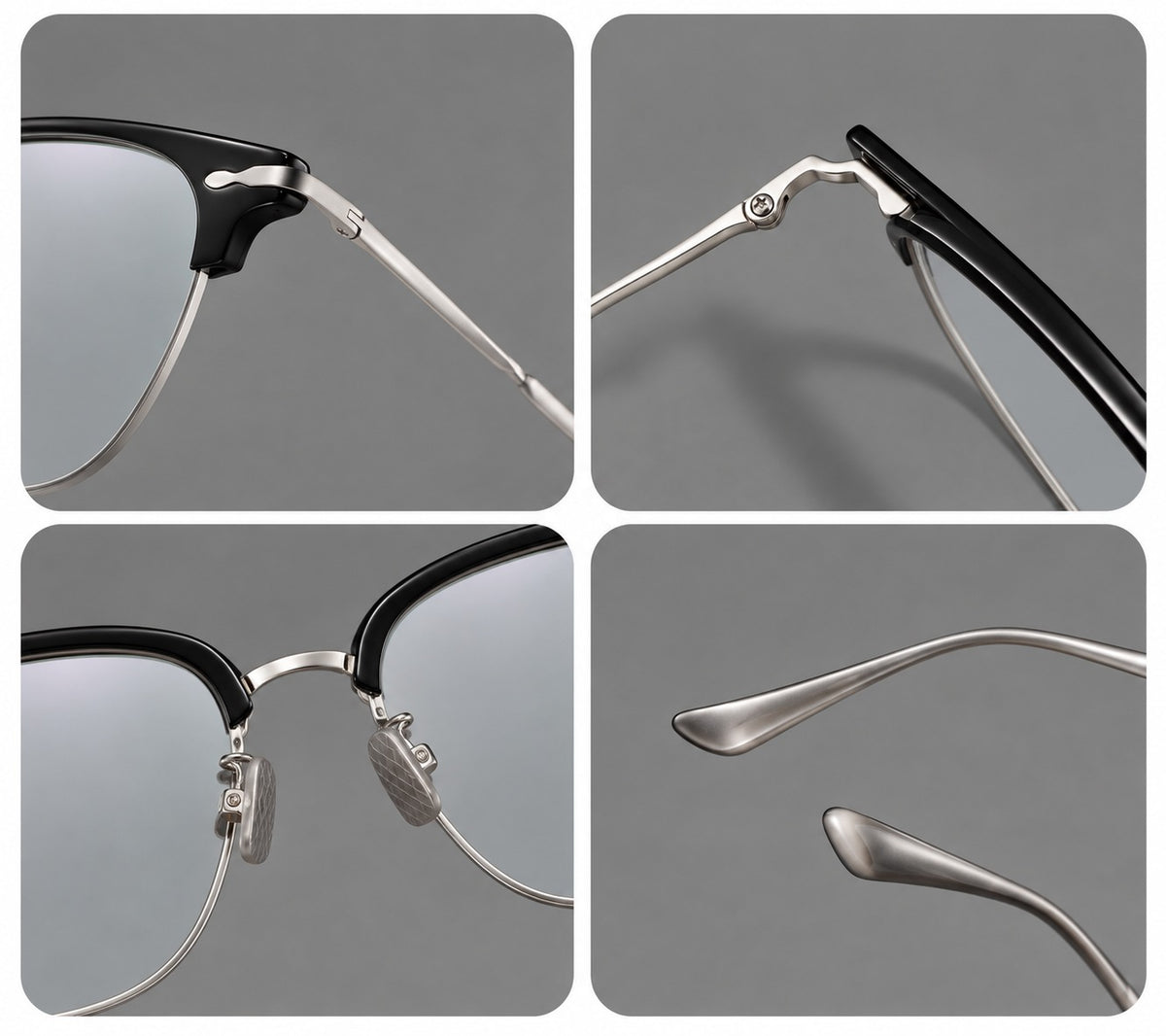 Browline eyeglasses in acetate and titanium with slim metal lower rims and decorative corners, frame details