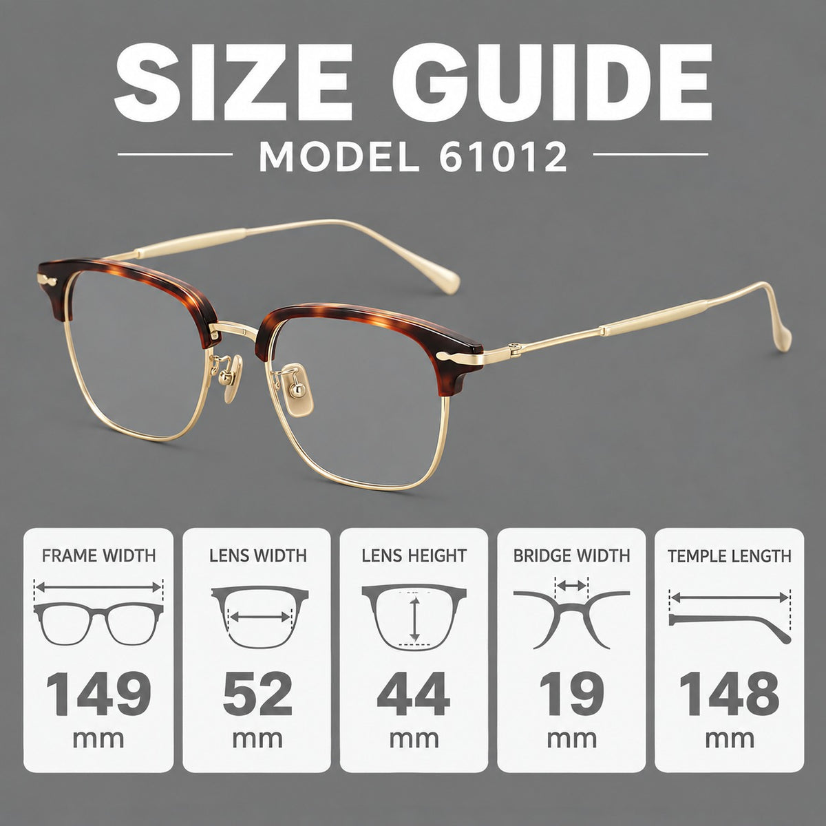 Browline eyeglasses in acetate and titanium with slim metal lower rims and decorative corners, size guide in millimetres