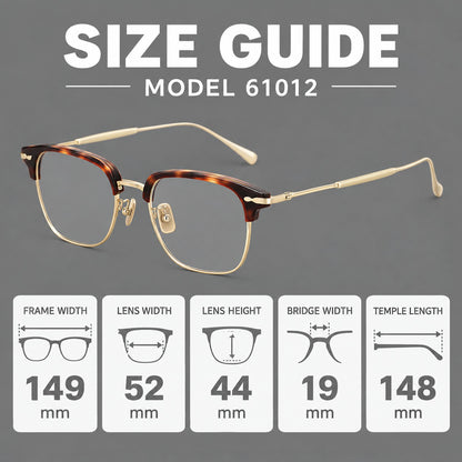 Browline eyeglasses in acetate and titanium with slim metal lower rims and decorative corners, size guide in millimetres additional product view