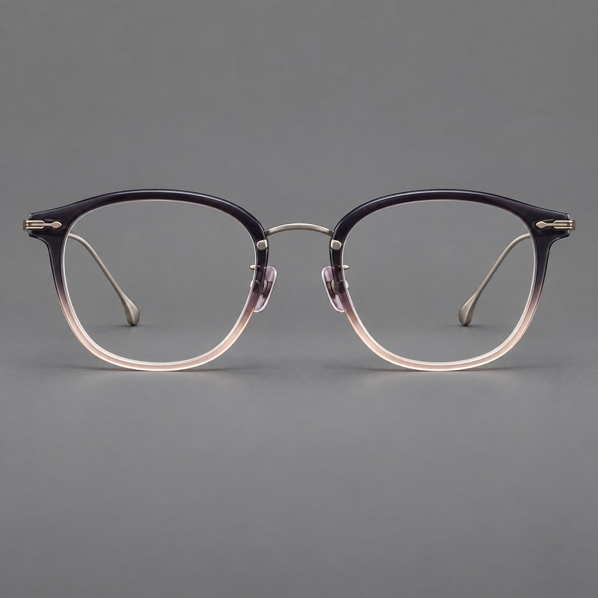 Panto eyeglasses in acetate and titanium with curved brows and decorative metal corner accents in Purple Pink Gradient / Gunmetal, front view