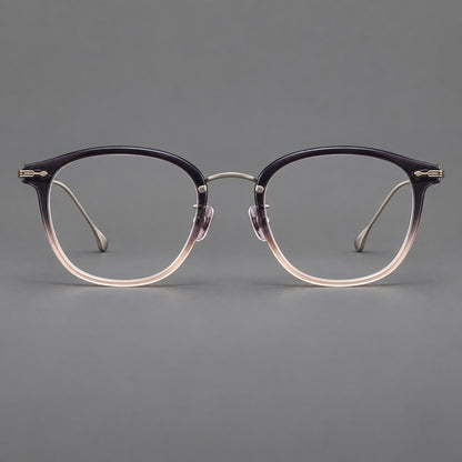 Panto eyeglasses in acetate and titanium with curved brows and decorative metal corner accents in Purple Pink Gradient / Gunmetal, front view frame detail