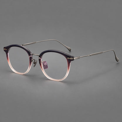 Panto eyeglasses in acetate and titanium with curved brows and decorative metal corner accents in Purple Pink Gradient / Gunmetal, three quarter view front view