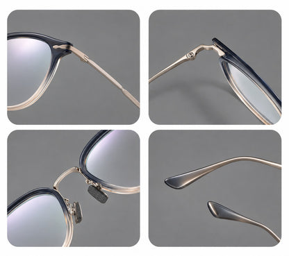 Panto eyeglasses in acetate and titanium with curved brows and decorative metal corner accents, frame details additional product view