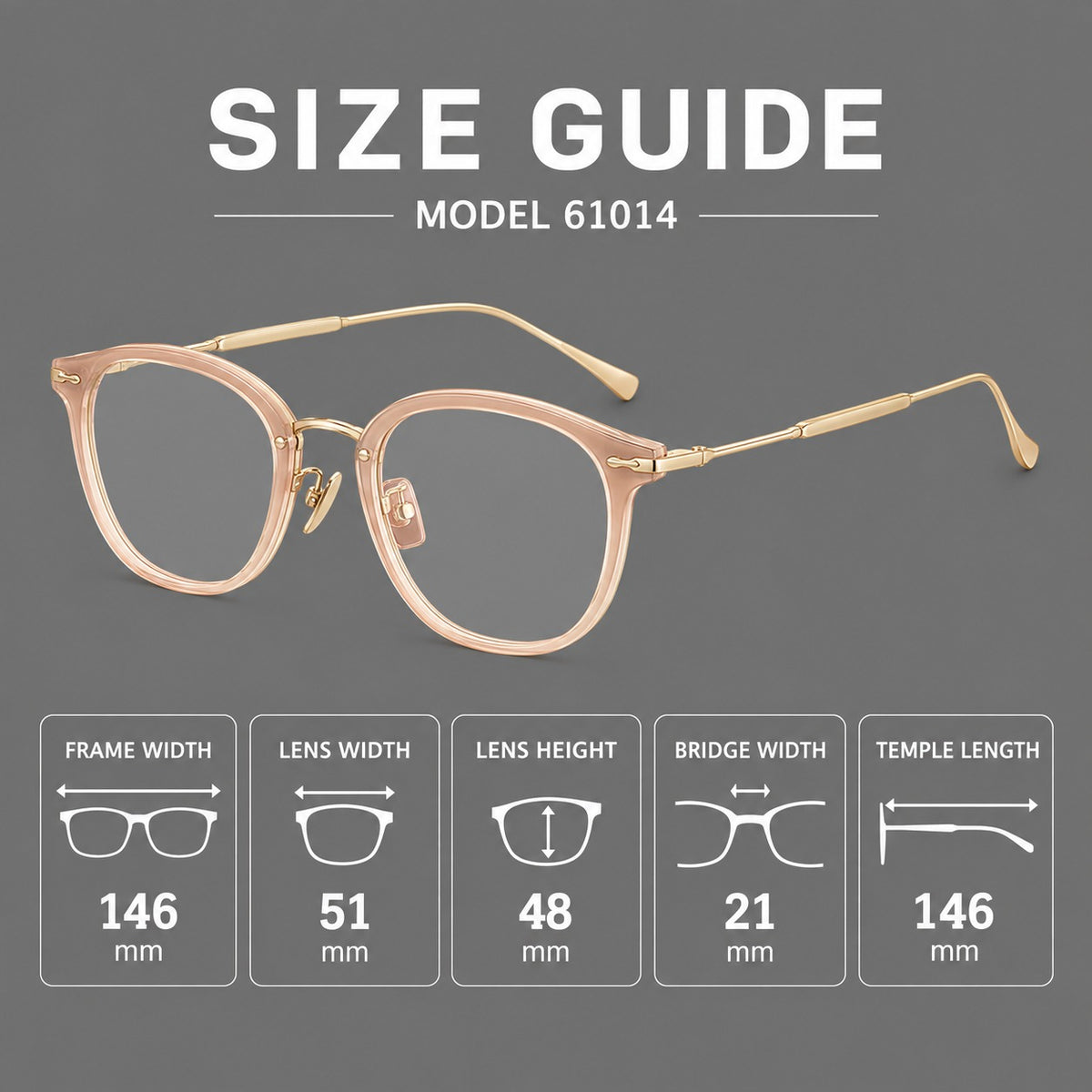 Panto eyeglasses in acetate and titanium with curved brows and decorative metal corner accents, size guide in millimetres