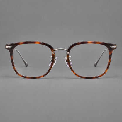 Retro square eyeglasses in acetate and titanium with rounded edges and sculpted corner accents in Tortoiseshell / Antique Copper, front view side view