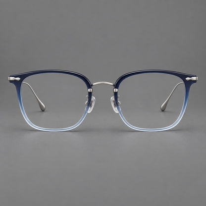 Retro square eyeglasses in acetate and titanium with rounded edges and sculpted corner accents in Blue Gradient / Silver, front view frame detail