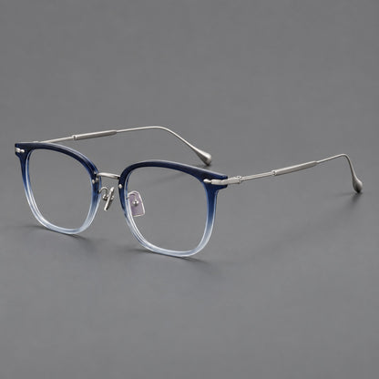 Retro square eyeglasses in acetate and titanium with rounded edges and sculpted corner accents in Blue Gradient / Silver, three quarter view front view