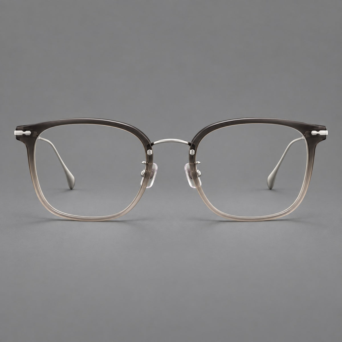 Retro square eyeglasses in acetate and titanium with rounded edges and sculpted corner accents in Mist Tea Gradient / Silver, front view