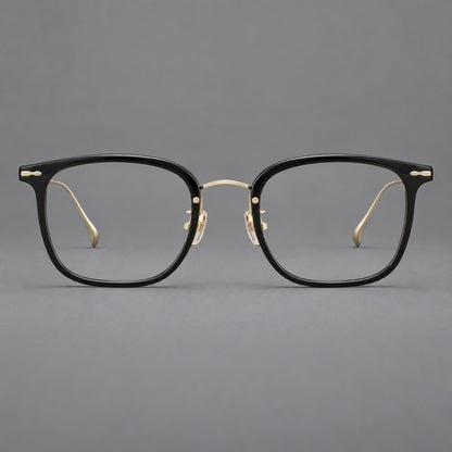 Retro square eyeglasses in acetate and titanium with rounded edges and sculpted corner accents in Glossy Black / Gold, front view additional product view