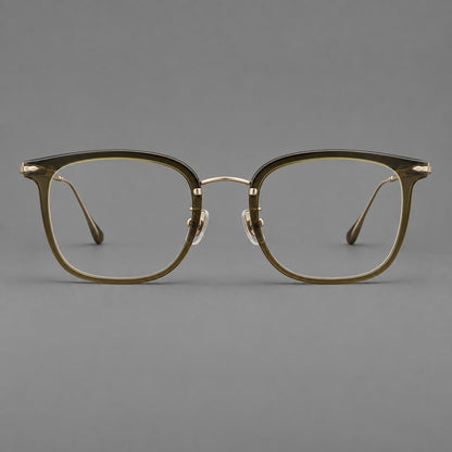 Retro square eyeglasses in acetate and titanium with rounded edges and sculpted corner accents in Green / Antique Bronze, front view additional product view