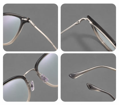 Retro square eyeglasses in acetate and titanium with rounded edges and sculpted corner accents, frame details additional product view