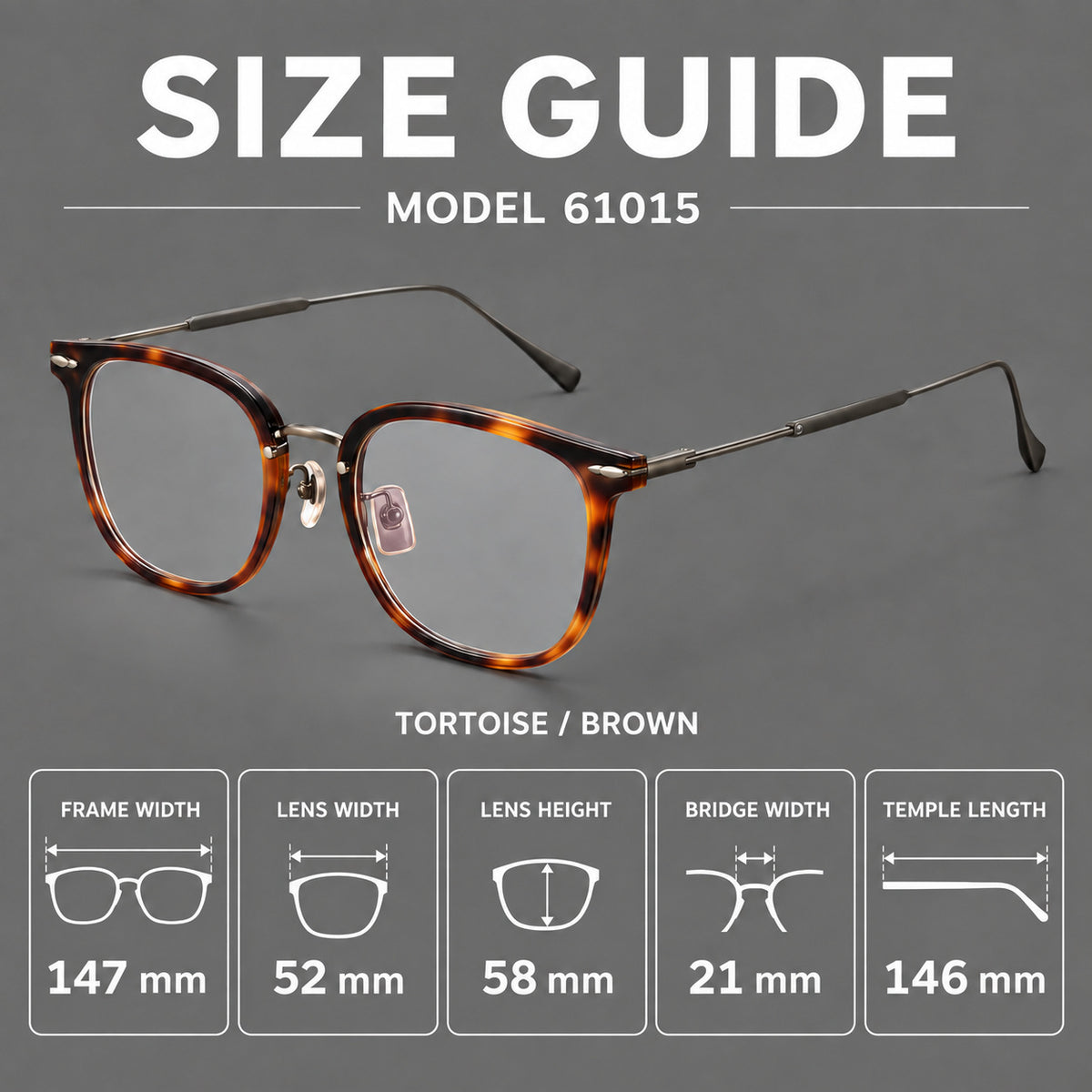 Retro square eyeglasses in acetate and titanium with rounded edges and sculpted corner accents, size guide in millimetres