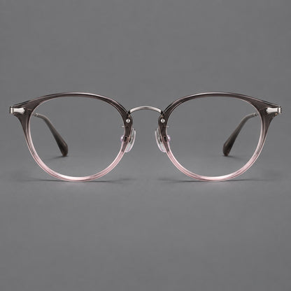 Vintage panto eyeglasses in acetate and titanium with raised brows and textured metal temples in Mist Pink Gradient / Gunmetal, front view additional product view