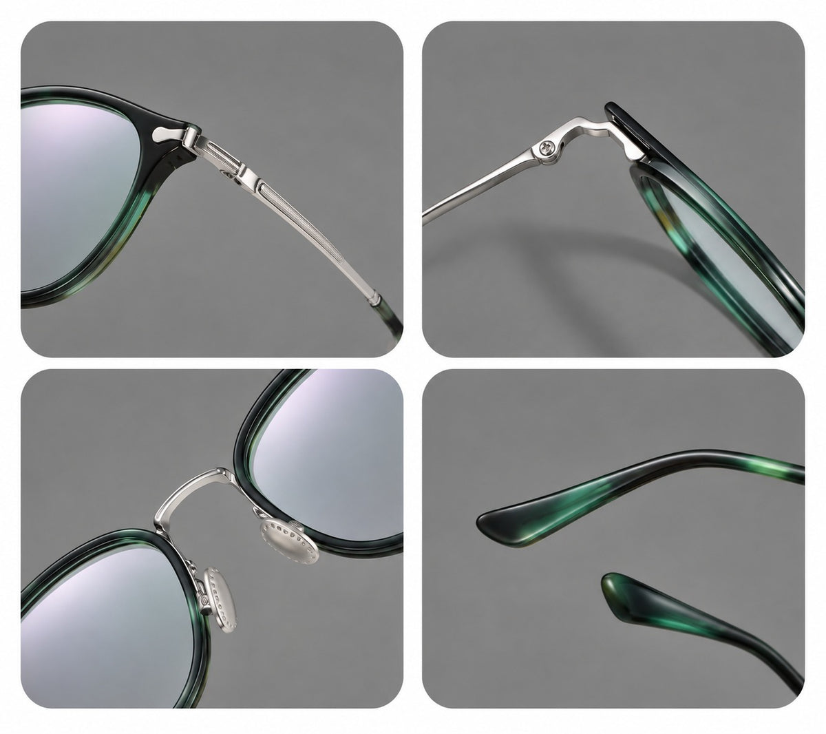 Vintage panto eyeglasses in acetate and titanium with raised brows and textured metal temples, frame details