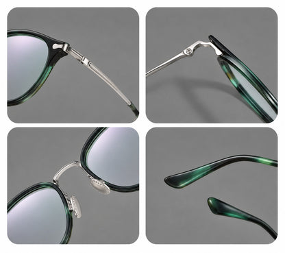 Vintage panto eyeglasses in acetate and titanium with raised brows and textured metal temples, frame details additional product view
