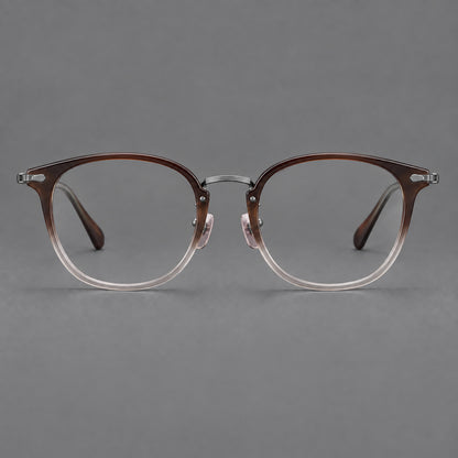 Classic soft square eyeglasses in acetate and titanium with engraved temples and corner accents in Tea Brown Gradient / Dark Grey, front view frame detail