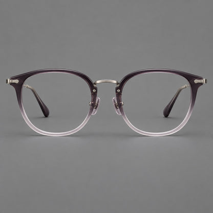 Classic soft square eyeglasses in acetate and titanium with engraved temples and corner accents in Purple Grey Gradient / Gunmetal, front view temple detail