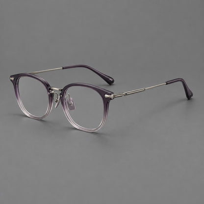 Classic soft square eyeglasses in acetate and titanium with engraved temples and corner accents in Purple Grey Gradient / Gunmetal, three quarter view lens detail