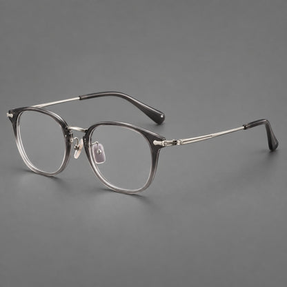 Classic soft square eyeglasses in acetate and titanium with engraved temples and corner accents in Mist Grey / Silver, three quarter view additional product view