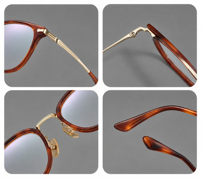 Classic soft square eyeglasses in acetate and titanium with engraved temples and corner accents, frame details additional product view