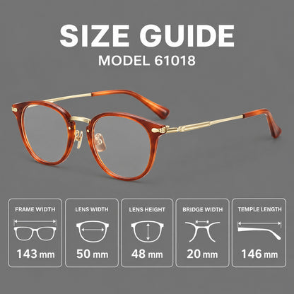Classic soft square eyeglasses in acetate and titanium with engraved temples and corner accents, size guide in millimetres additional product view