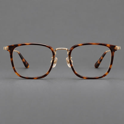 Soft square eyeglasses in acetate and titanium with wide upper corners and fine metal temples in Tortoiseshell / Gold, front view side view