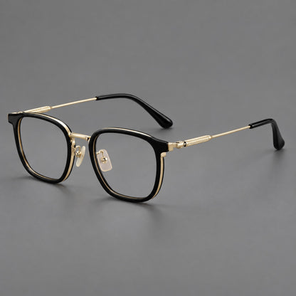 Soft square eyeglasses in acetate and titanium with wide upper corners and fine metal temples in Glossy Black / Gold, three quarter view lens detail