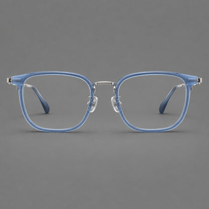 Soft square eyeglasses in acetate and titanium with wide upper corners and fine metal temples in Clear Blue / Silver, front view additional product view