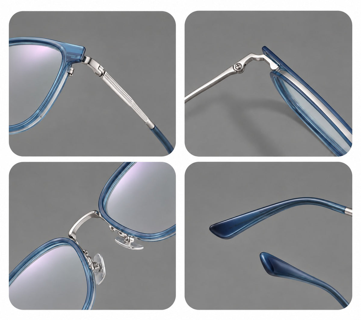 Soft square eyeglasses in acetate and titanium with wide upper corners and fine metal temples, frame details