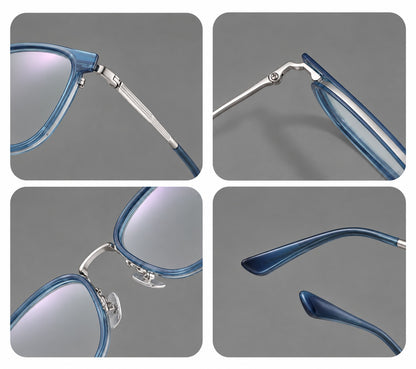 Soft square eyeglasses in acetate and titanium with wide upper corners and fine metal temples, frame details additional product view