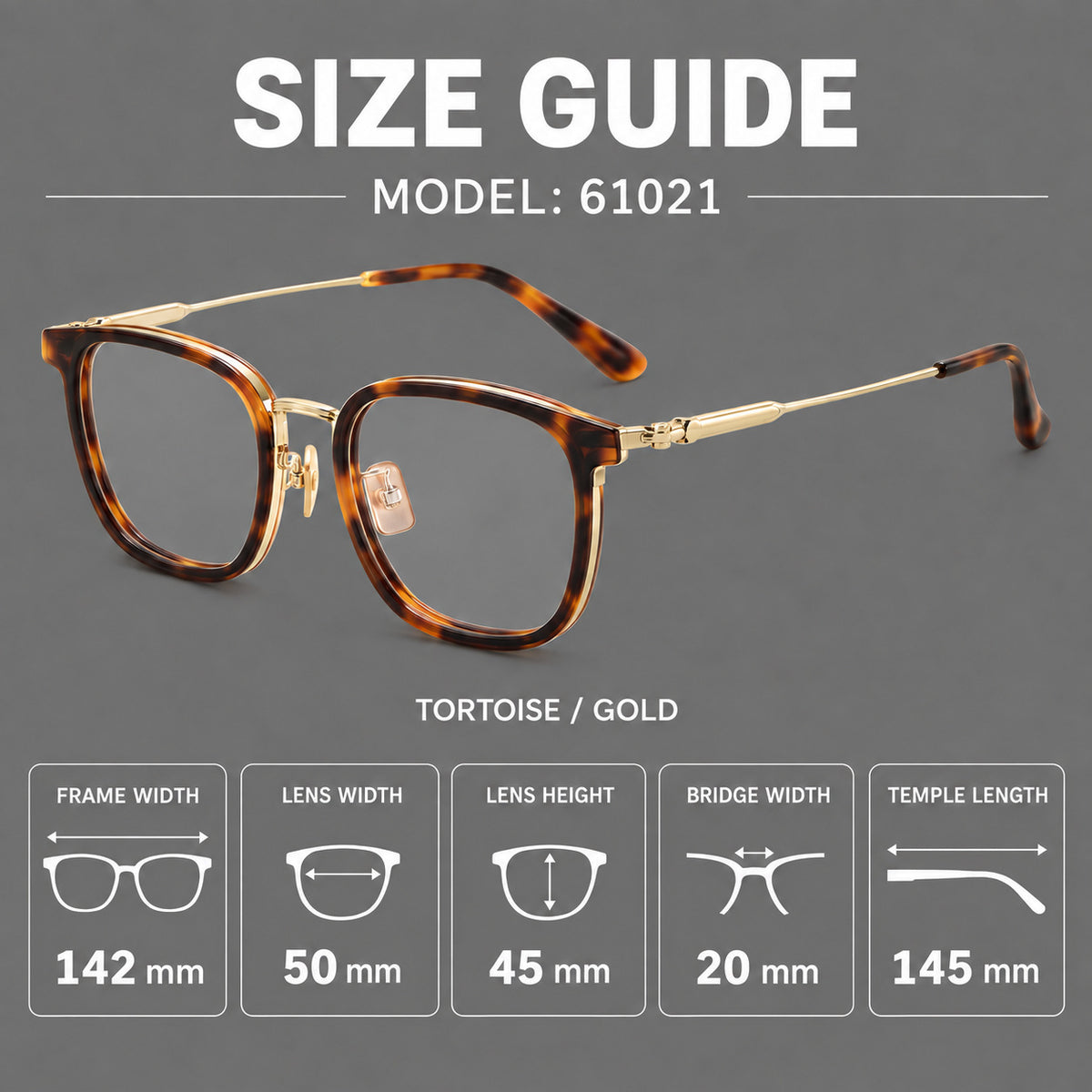 Soft square eyeglasses in acetate and titanium with wide upper corners and fine metal temples, size guide in millimetres