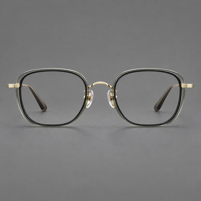 Rounded square eyeglasses in acetate and titanium with an arched bridge and engraved temples in Clear Tea Grey Green / Light Gold, front view additional product view