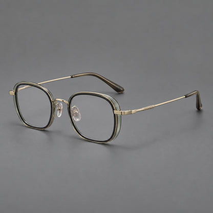 Rounded square eyeglasses in acetate and titanium with an arched bridge and engraved temples in Clear Tea Grey Green / Light Gold, three quarter view additional product view