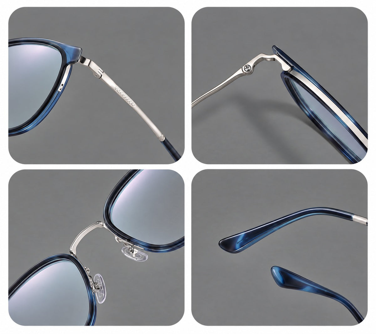 Rounded square eyeglasses in acetate and titanium with an arched bridge and engraved temples, frame details